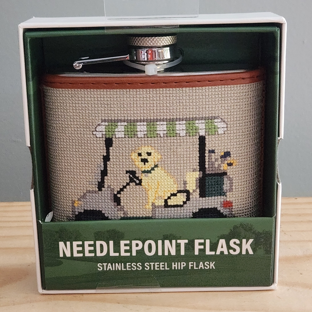 Needlepoint Flask with Dog in Golf Cart Design NWT